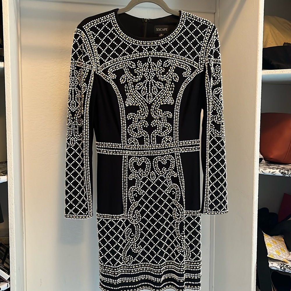 Xscape dress long sleeve size 8 beading white & muted gold Balmain inspo